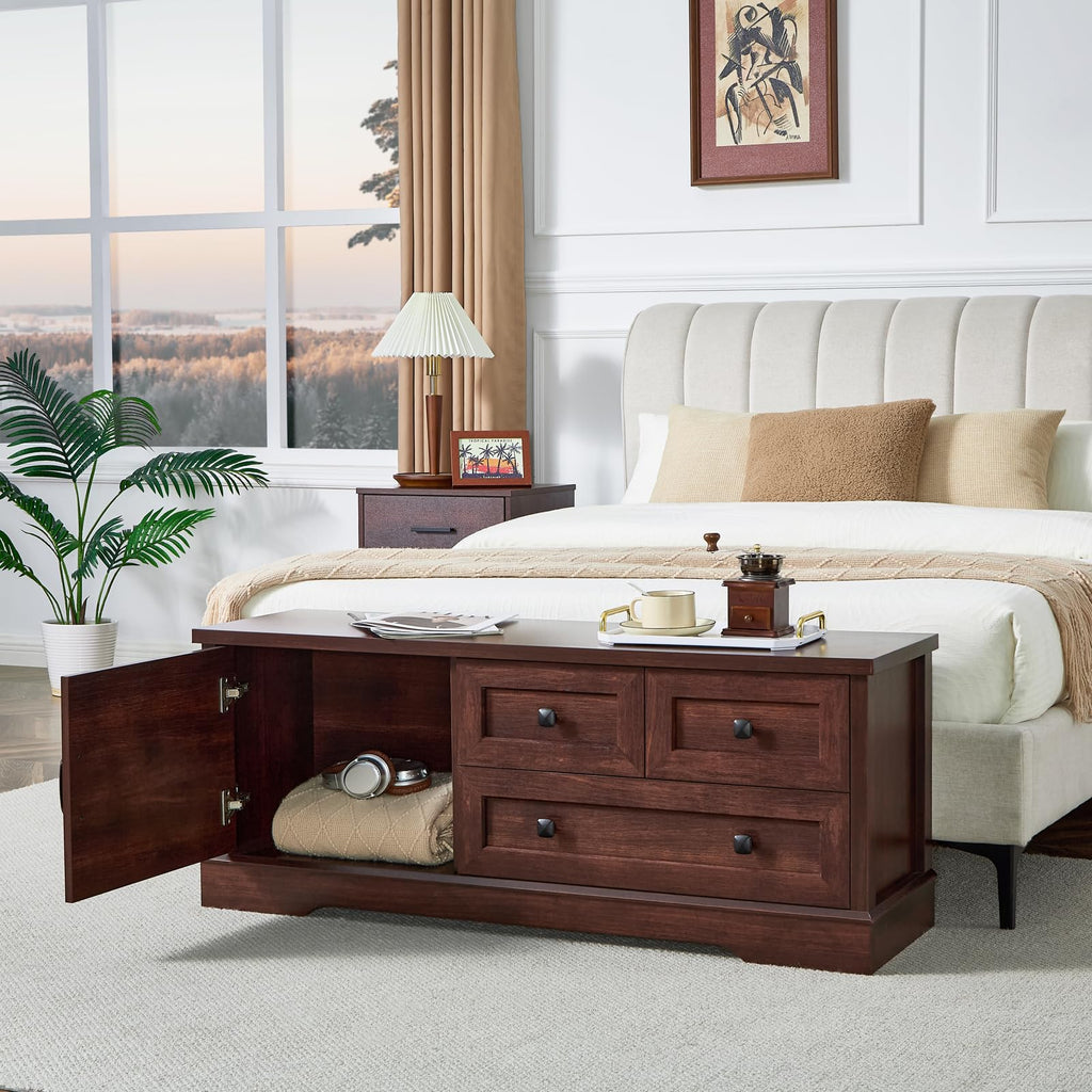 48 Inch Cherry Wood End of Bed Storage Bench, Farmhouse Bed Bench with Drawers and Cabinet, Rustic Shoe Storage Bench