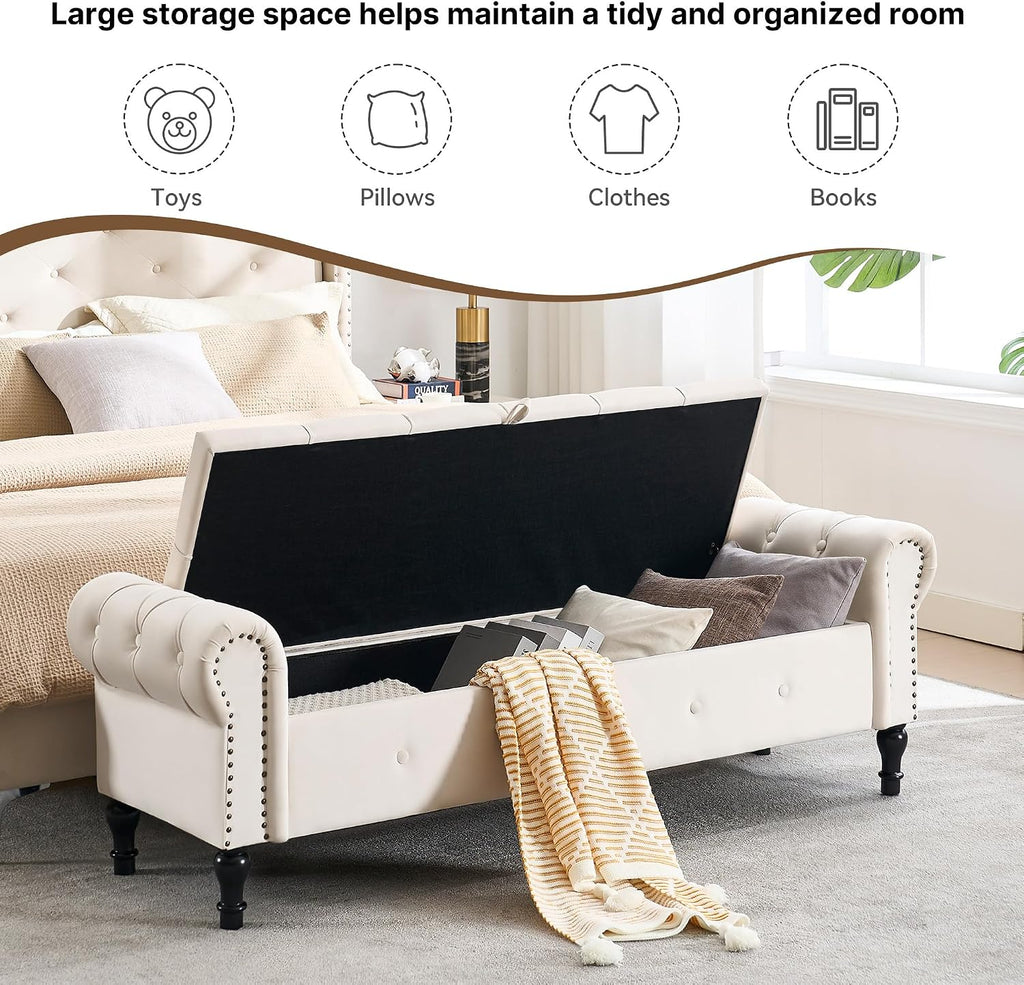 Storage Bench 67" Velvet End of Bed Benches Cream Beige | King Size Storage Bench with Rolled Arms Tufted Ottoman