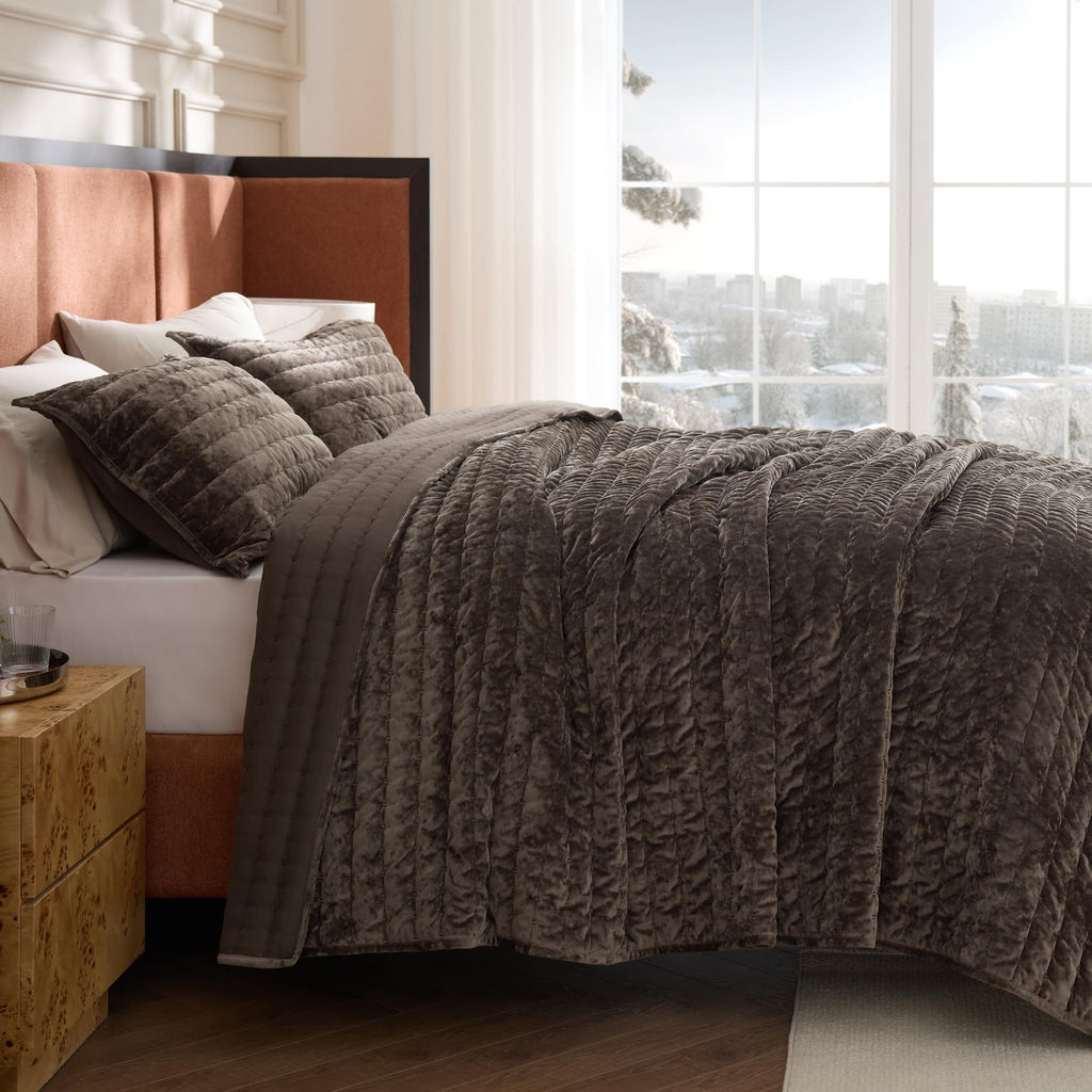 Velvet Quilt Set, Luxury Brown Bedding, Bedspread