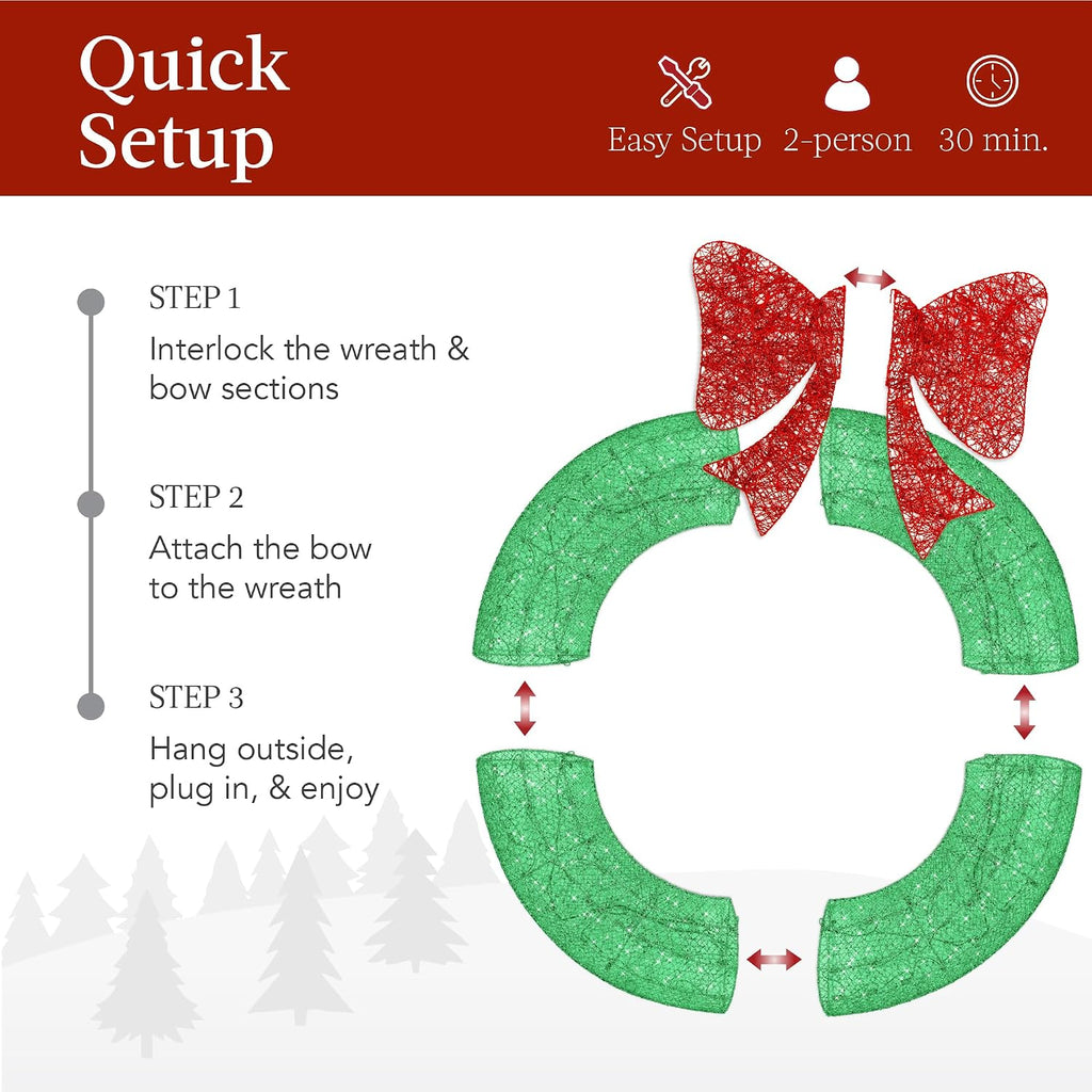 36in Pre-Lit Outdoor Christmas Wreath Decoration, LED Metal Holiday Decor w/ 120 Lights, Bow - Green/Red