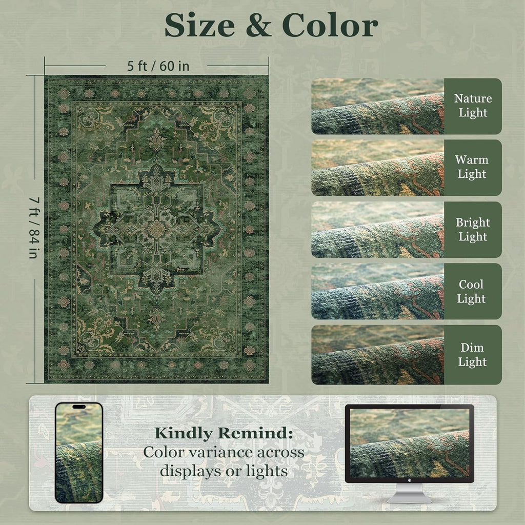 Vintage Dark Green Area Rugs 5x7 for Living Room, Tranditional Distressed Medallion Printed Low Pile Thin Rugs for