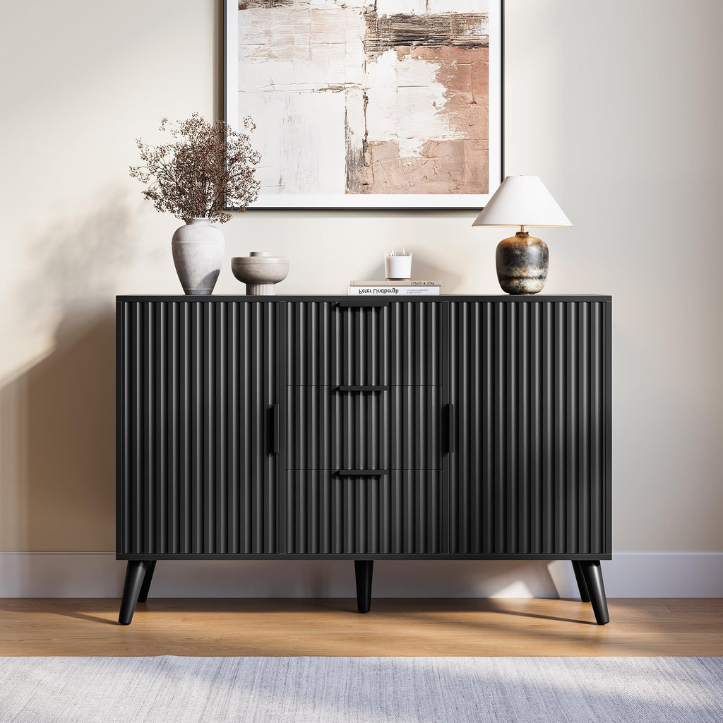 47.2" Fluted Sideboard Buffet Cabinet with 3 Drawers, Black Modern Buffet Cabinet with Storage, Large Storage