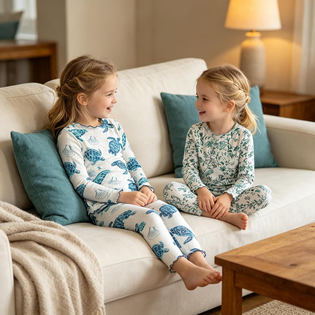 Toddler Girl 4 Piece Pajamas Sets, Snug Fit Lettuce Trim Printed Sleepwear