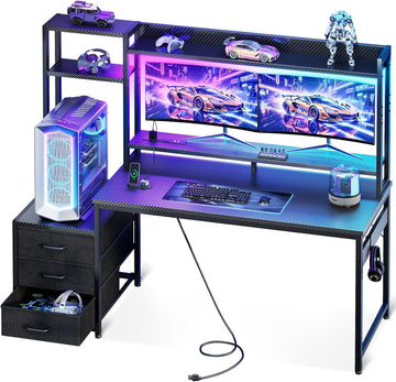 55 Inch Gaming Desk with Hutch & LED Lights & PC Tower Stand | Reversible PC Desk with 3 Fabric Drawers & Power