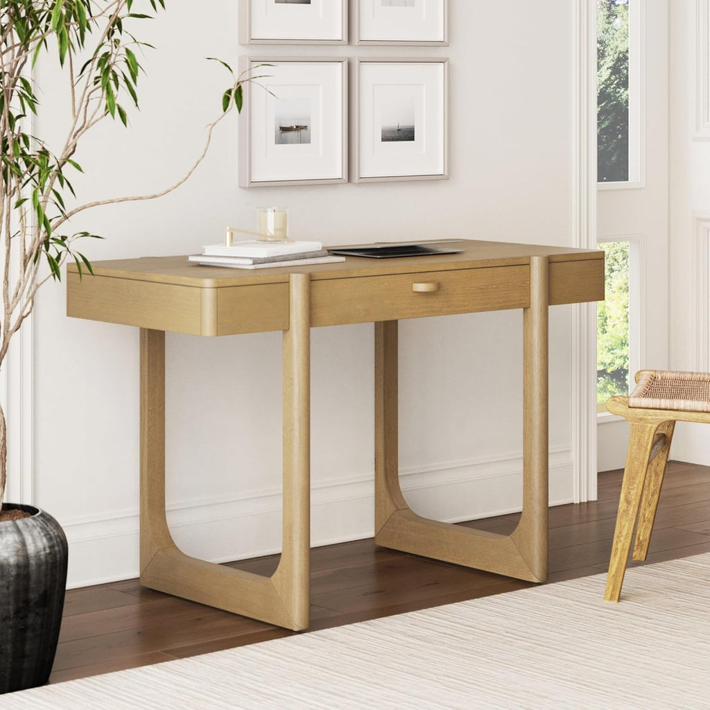 Haley Mid Century Modern Home Office Desk, Solid Wood Writing Desk with Drawer and Rounded Legs, Light Brown
