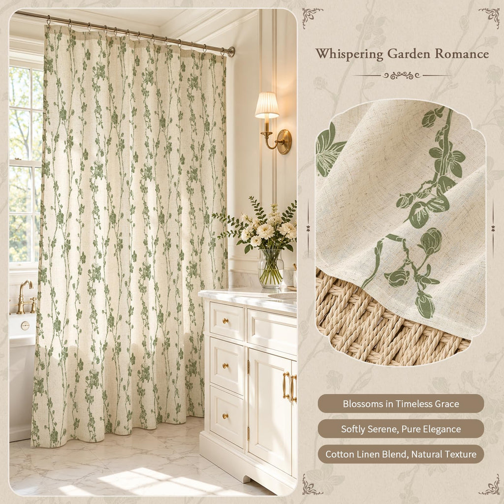 Sage Green Farmhouse Linen Shower Curtain, Boho Floral Fabric, 72 x 84