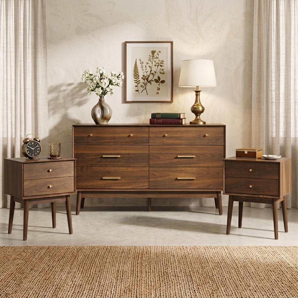 Mid Century Modern 6 Drawer Dresser, 54" W, Dark Walnut
