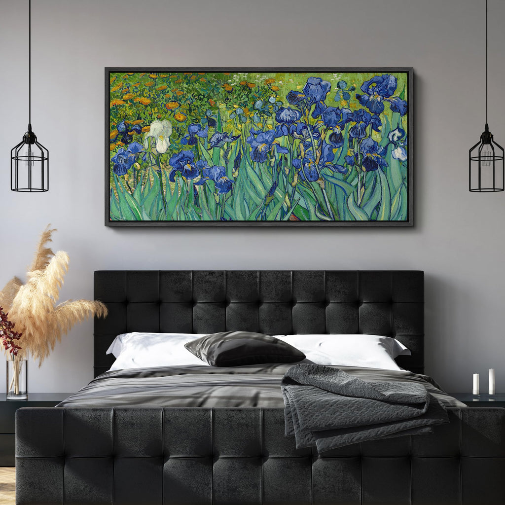 Extra Large Framed Canvas Print Wall Art Blue Irises Garden Van Gogh Inspired Floral Retro Fine Art Illustrations