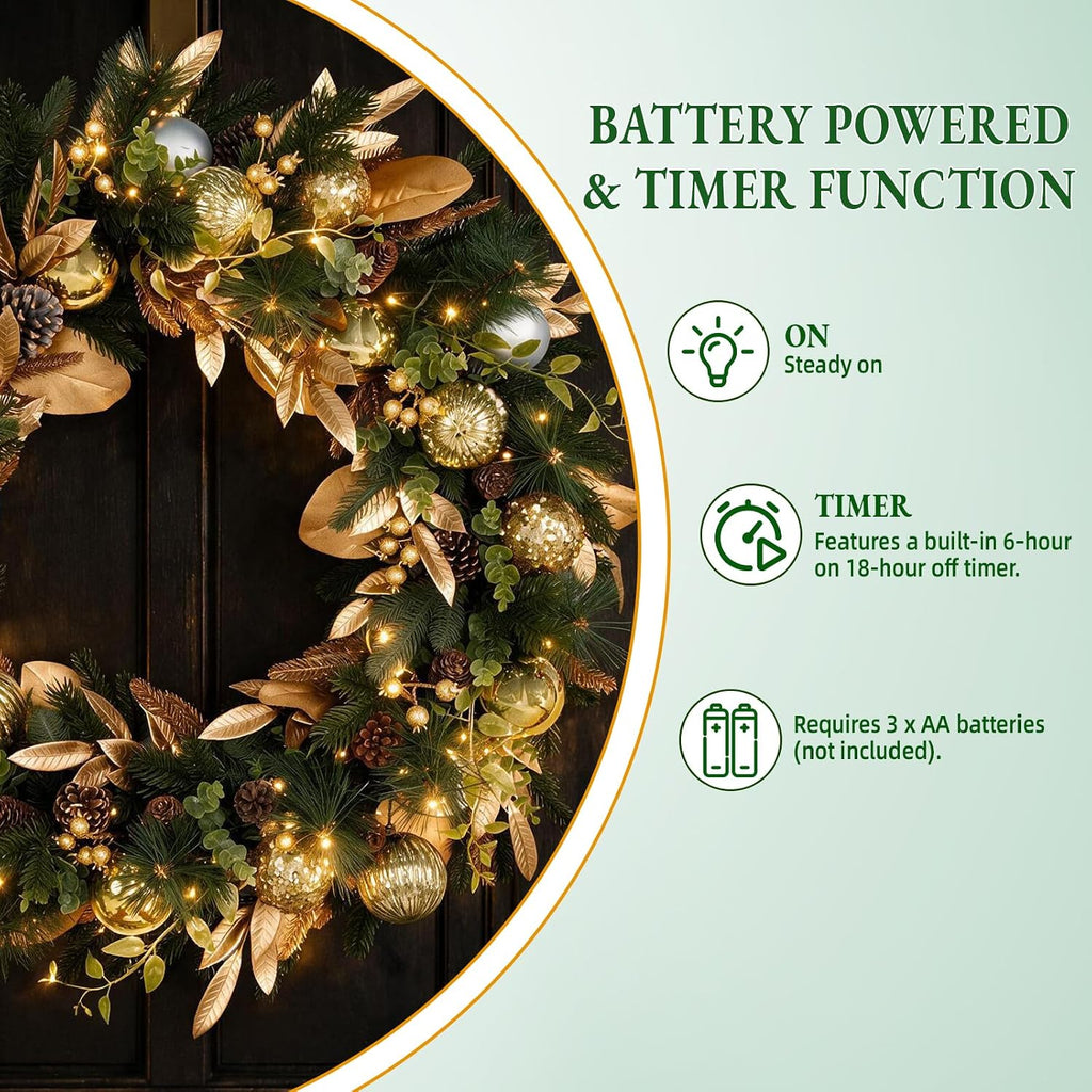 32 Inch Pre-Lit Botanical Christmas Wreath with 60 Warm White LEDs and Timer, Battery Operated Artificial PE & PVC
