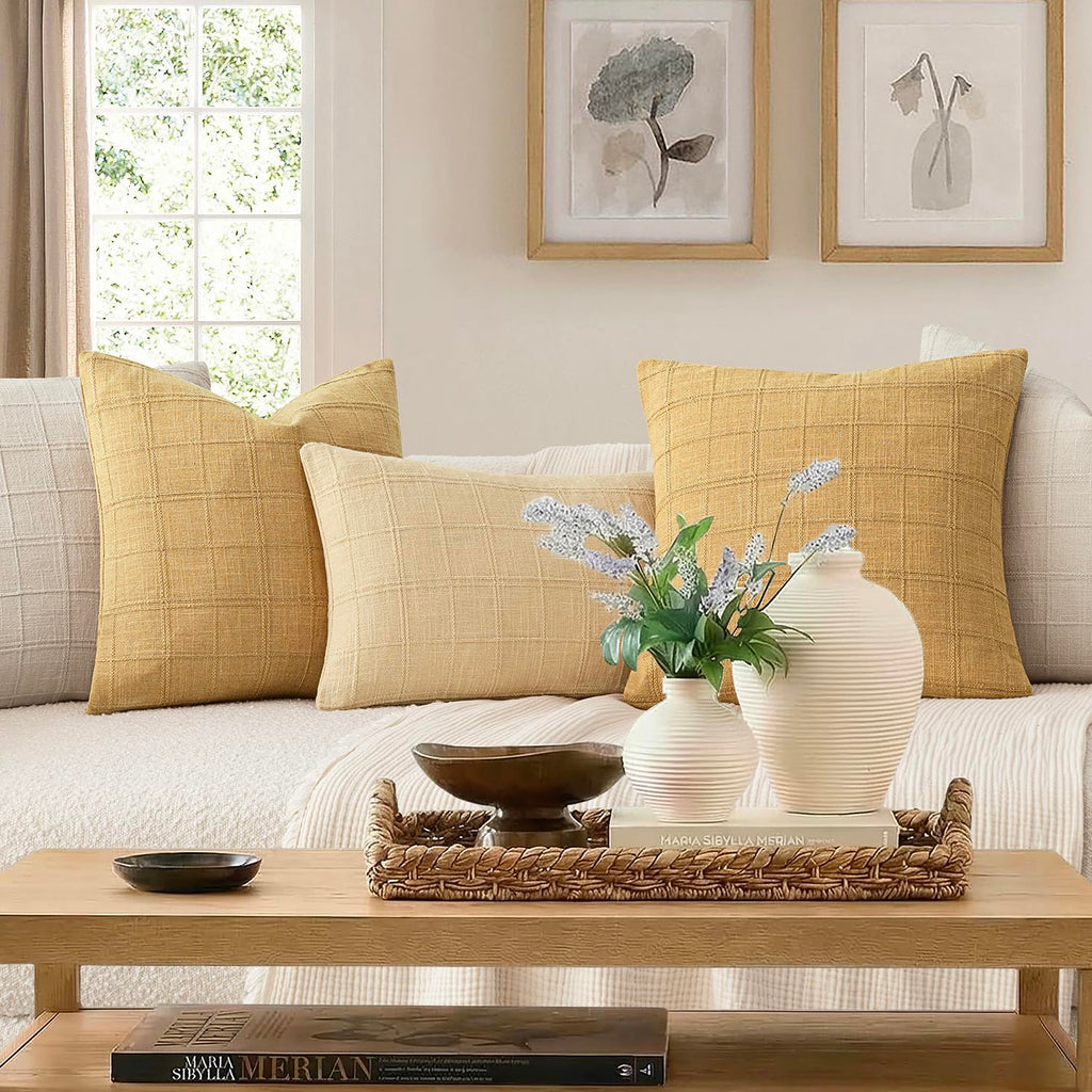 Set of 1 Decorative Linen Check Throw Pillow Cover Neutral Long Body Lumbar Cushion Cover Farmhouse Vintage Boho Home