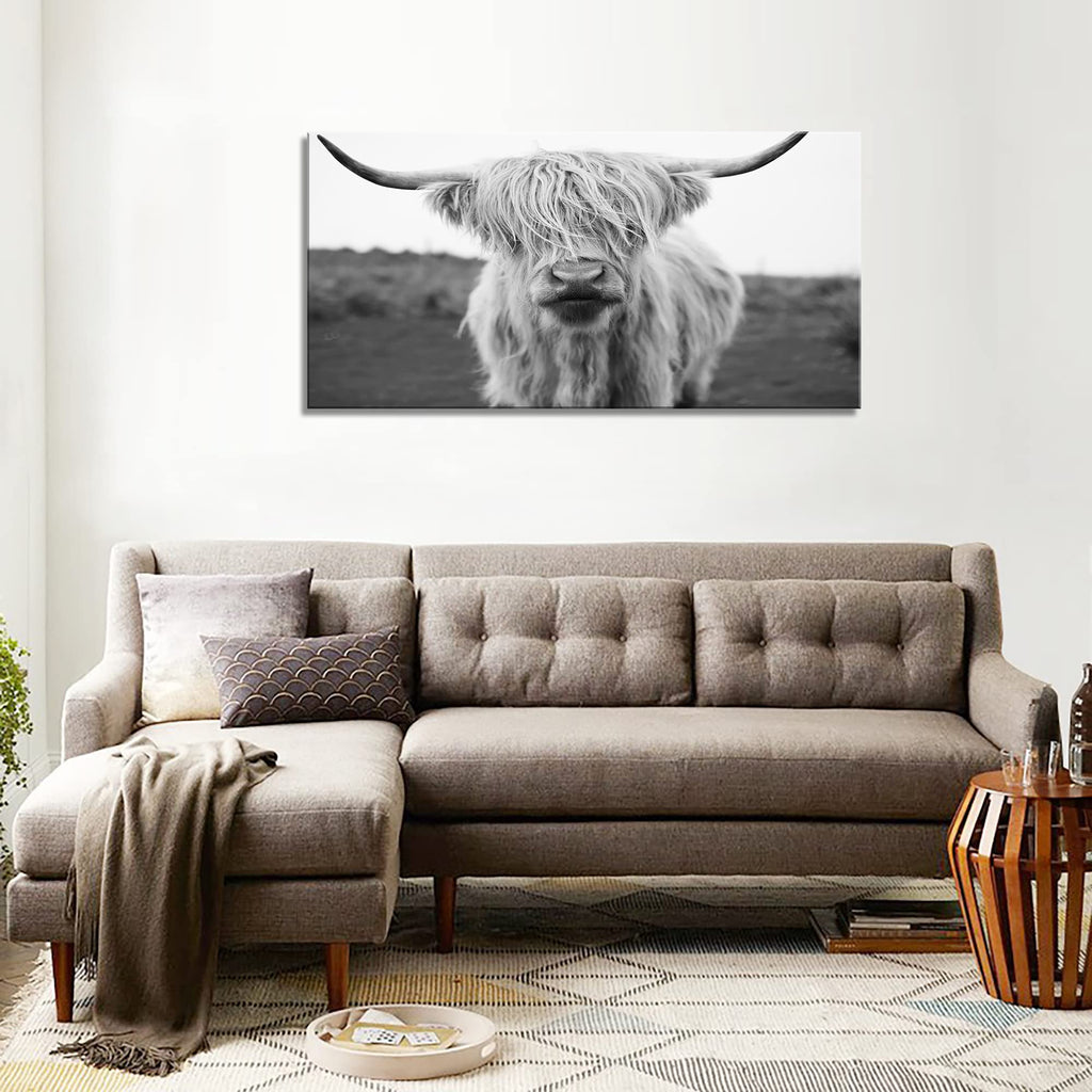 Highland Cow Canvas Art - Black and White Animal Wall Art Decor