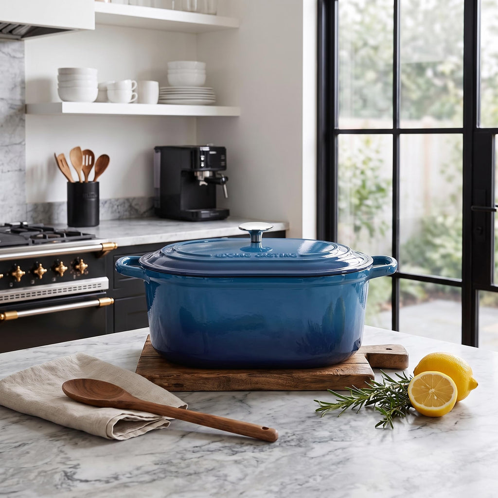 Enameled Cast Iron Oval Dutch Oven, 6QT, Lake Blue