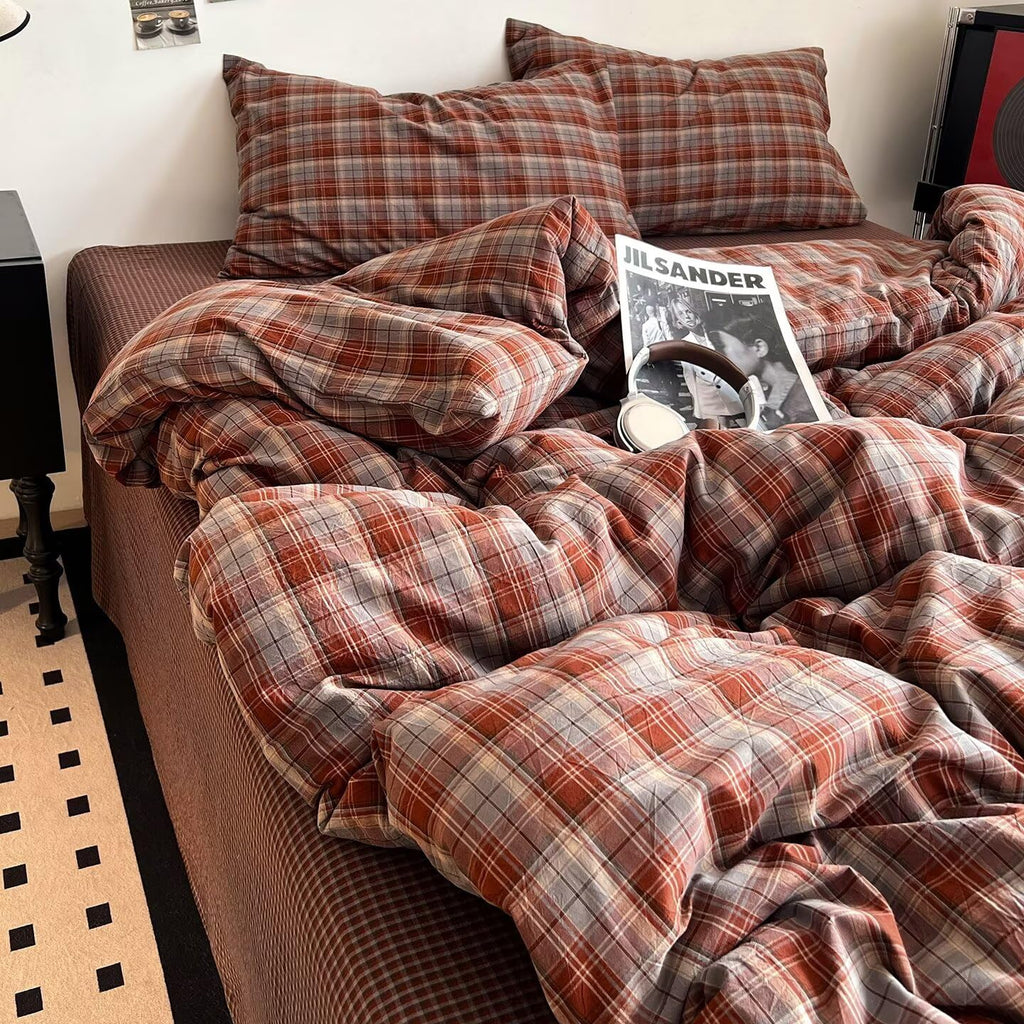 Caramel Blue Gingham Duvet Cover 100% Washed Cotton Buffalo Plaid Bedding Set 3pcs Grid Checkered Duvet Cover