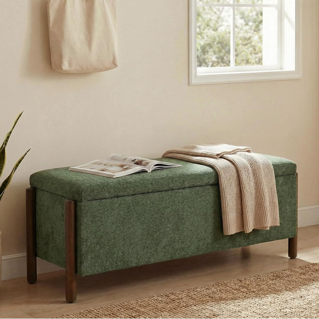 Wooden Storage Ottoman Bench, 47" Fabric Upholstered End of Storage Bench with Rubberwood Legs, Entryway Bench with