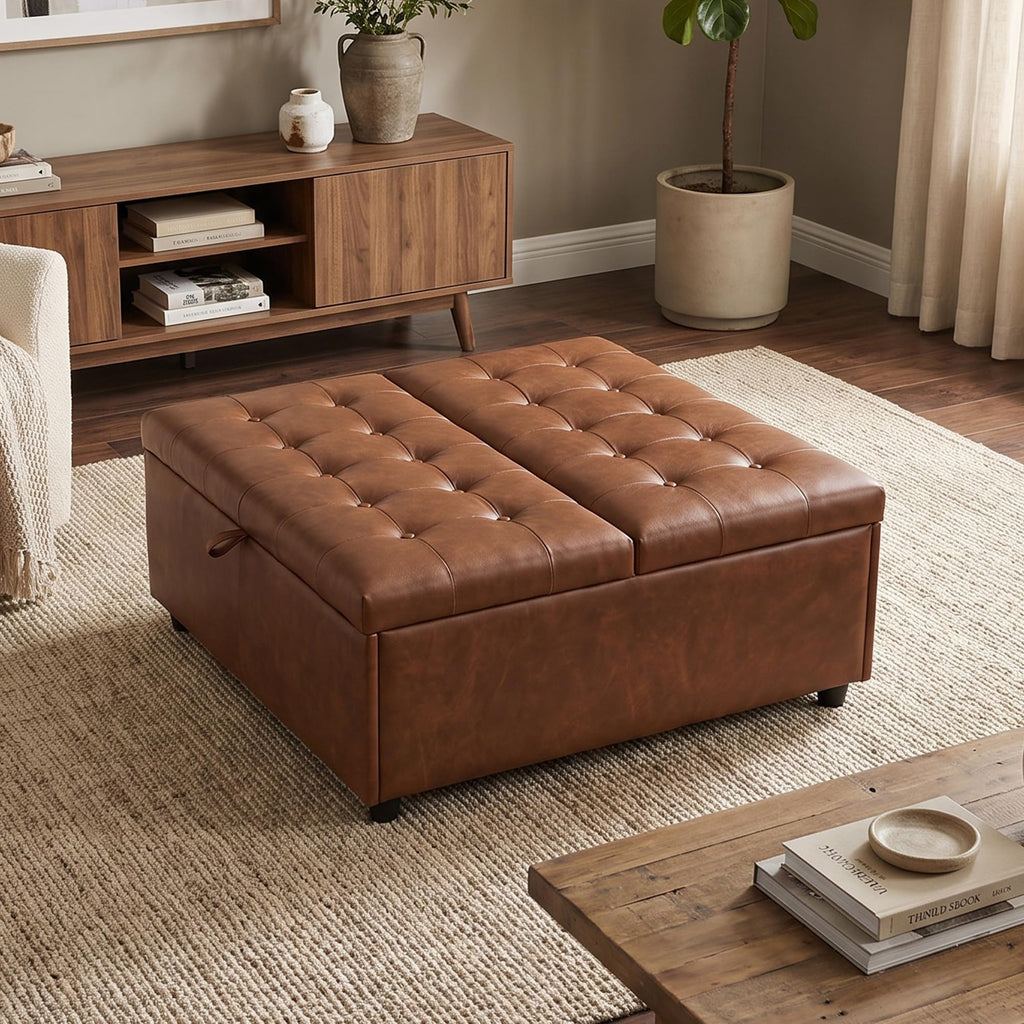 36 Inch Extra Large Brown Leather Lift Top Living Room Storage Ottoman