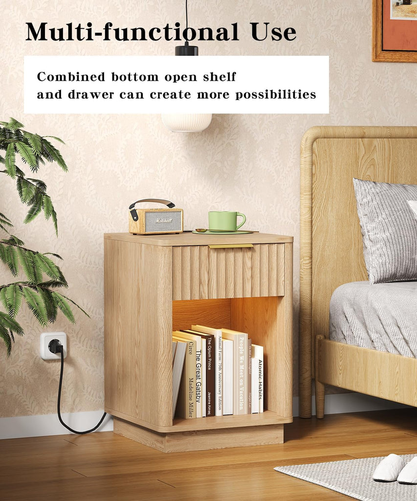 Fluted Nightstands Set of 2, Wooden Night Stand with Charging Station and LED Light, Modern Mid Century Bed Side End