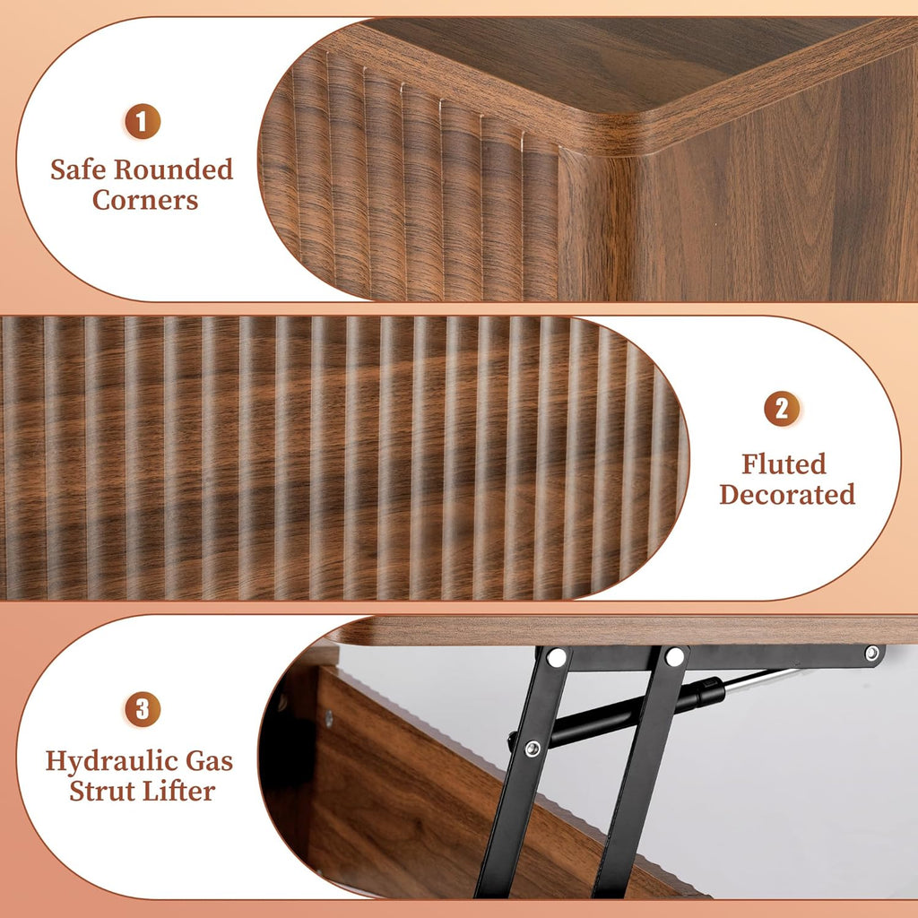 Fluted Lift Top Coffee Table with Storage, Modern Coffee Table（Walnut）