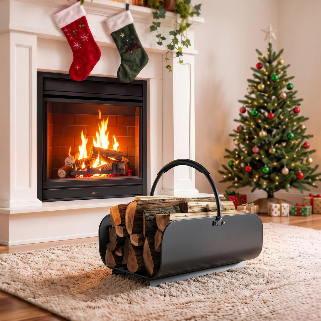 Firewood Basket with Handles, Metal Firewood Holder for Indoor Fireplace