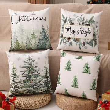 Double-Sided Print Christmas Pillow Covers 18"x18", 8 Cute Christmas Patterns, Tree, Merry Christmas, Truck - Set of 4