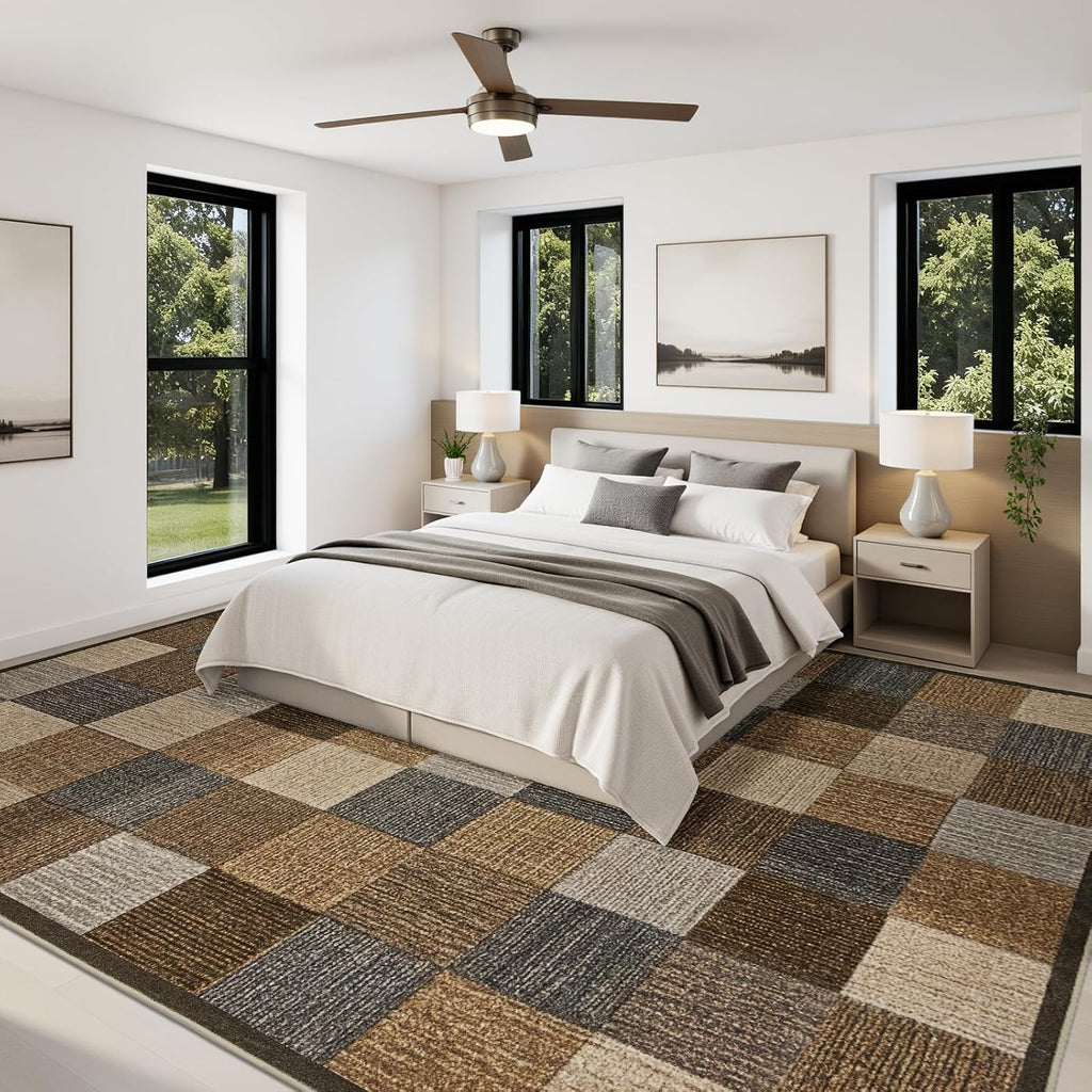 Checkered 8x10 Living Room Area Rugs, Brown Beige Light Gray