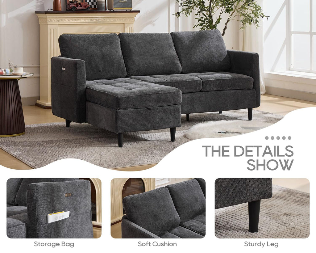 77.6" L-Shaped Sectional Couch with Storage Chaise, Convertible Sleeper Sofa Bed Modular Space-Saving with Type-C USB