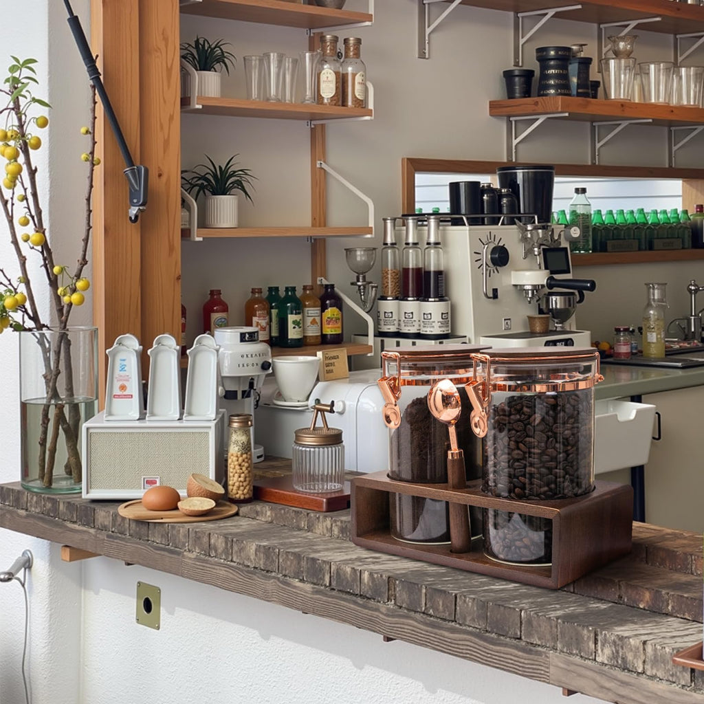 Glass Coffee Container with Wooden Shelf, 2 x 40 FLOZ Coffee Bean Storage with Sealed Closure Clips and Copper Spoon