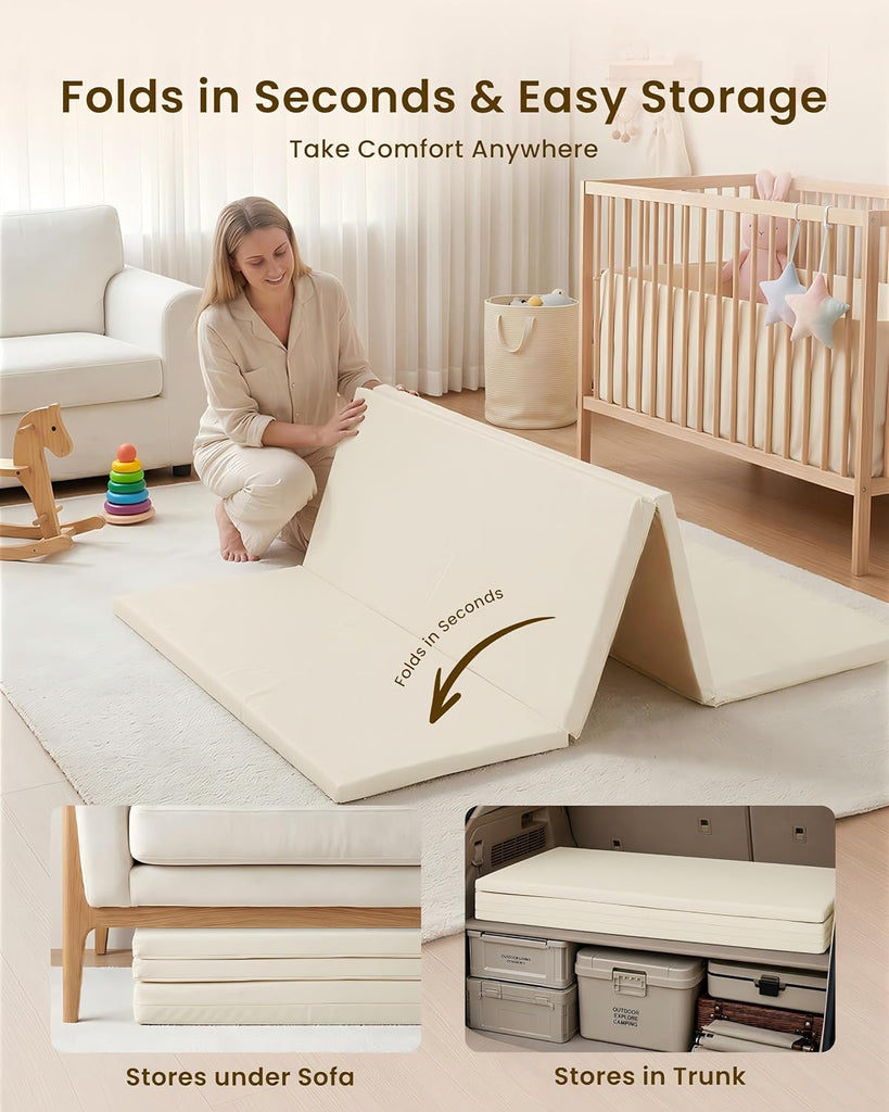 Foldable Baby Play Mat,Vegan Leather 71x59 Baby Mat for Floor,Beige