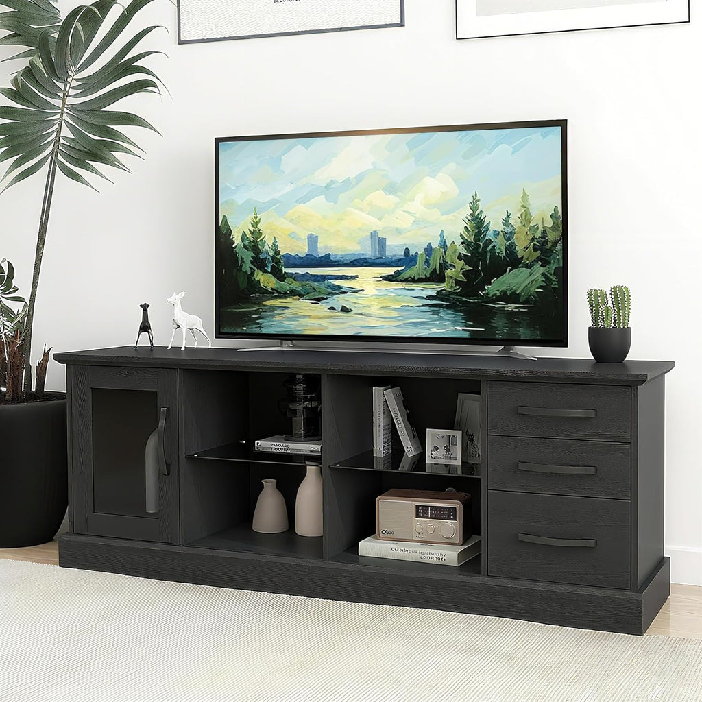 Farmhouse TV Stand for 73 Inch TV, Wood TV Console Table w/Removable Glass Shelves, Cable Management Holes & Drawers