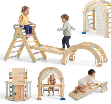 Triangle Set for 6M, in-1 Wooden Montessori Climbing Set, Foldable Toddler Jungle Gym with Climbing Arch