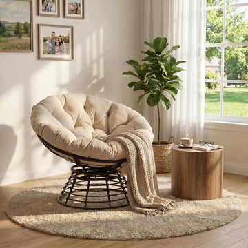 Comfortable 36" Ergonomic Wicker Papasan Chair, 360° Swivel Wicker Accent Chair Polyester Fabric Cushion, Ideal