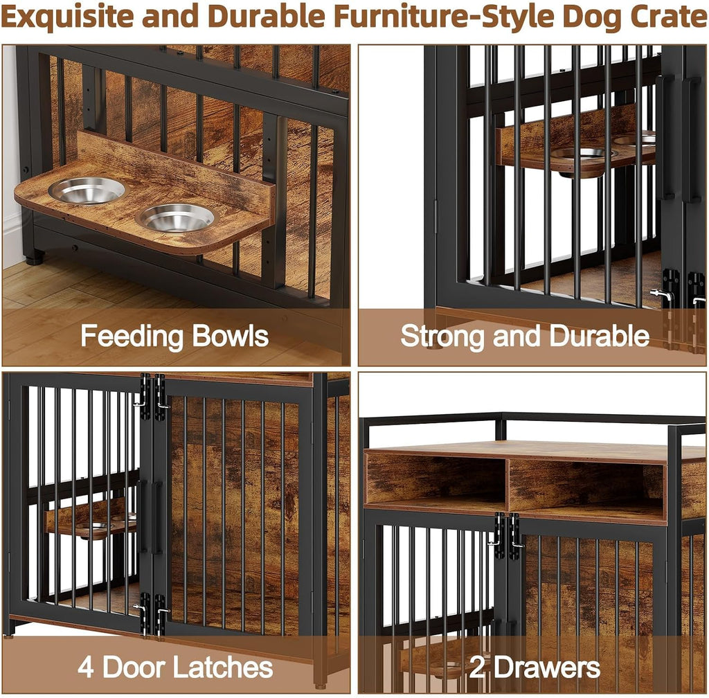 48 Inch Heavy Duty Dog Crate Furniture for Large and Medium Dogs - Metal & Wooden Kennel with 2 Storage Drawers, 360°