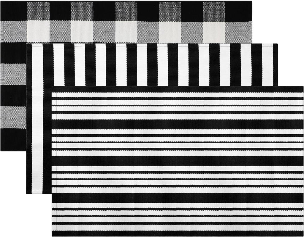 3 Pcs Black and White Striped Rug Buffalo Plaid Outdoor Rug