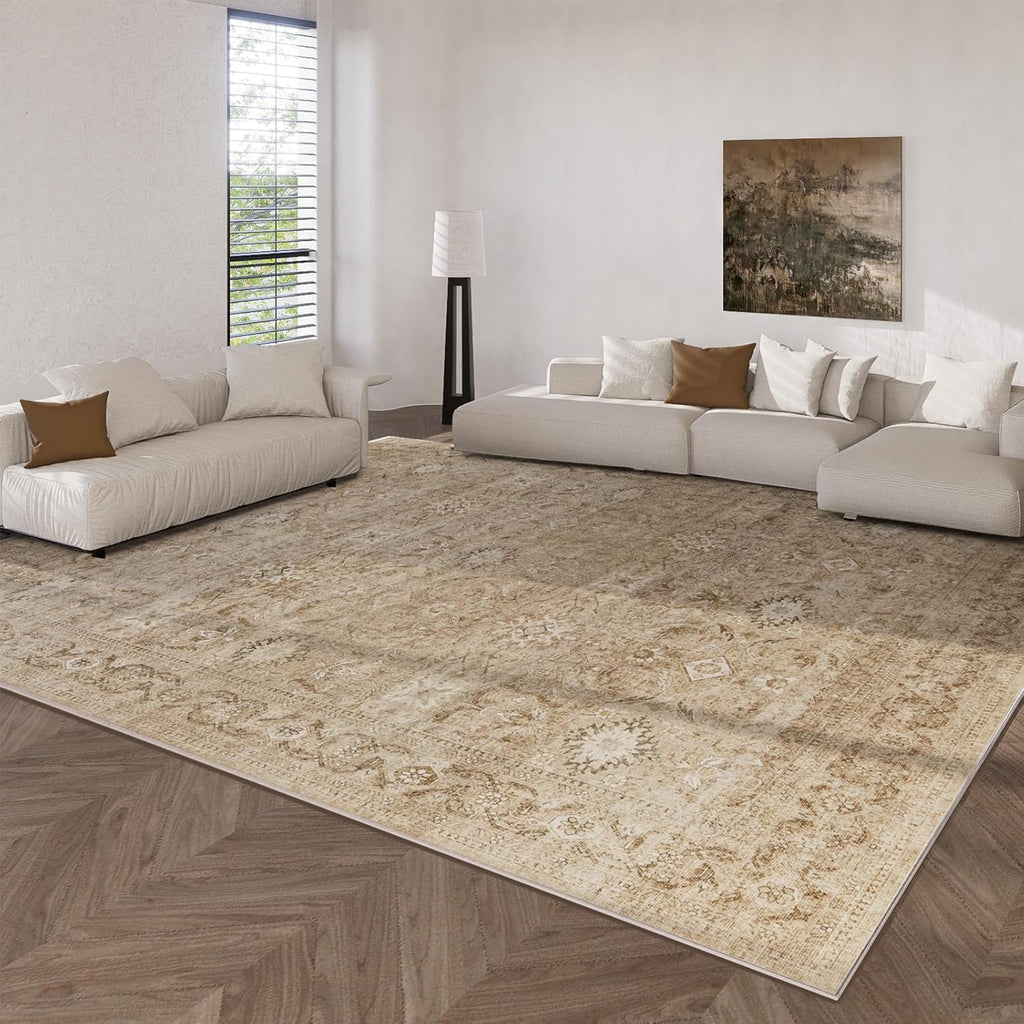 9x12 Area Rug Living Room: Washable Rug Non Slip Low Pile Soft Faux Wool Non Shedding Distressed Vin