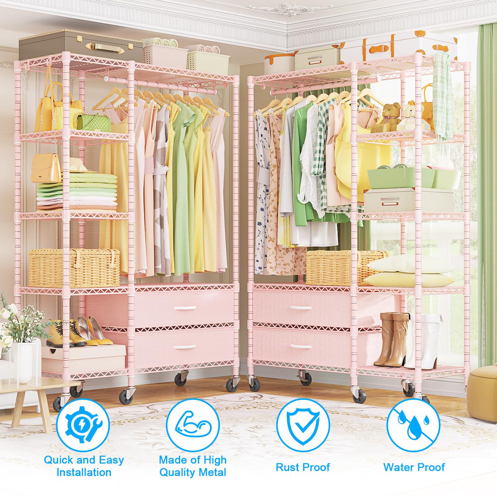 F3R Heavy Duty Clothes Rack(With Lockable Wheels)Freestanding Clothing Racks for Hanging Clothes, Adjustable Closet
