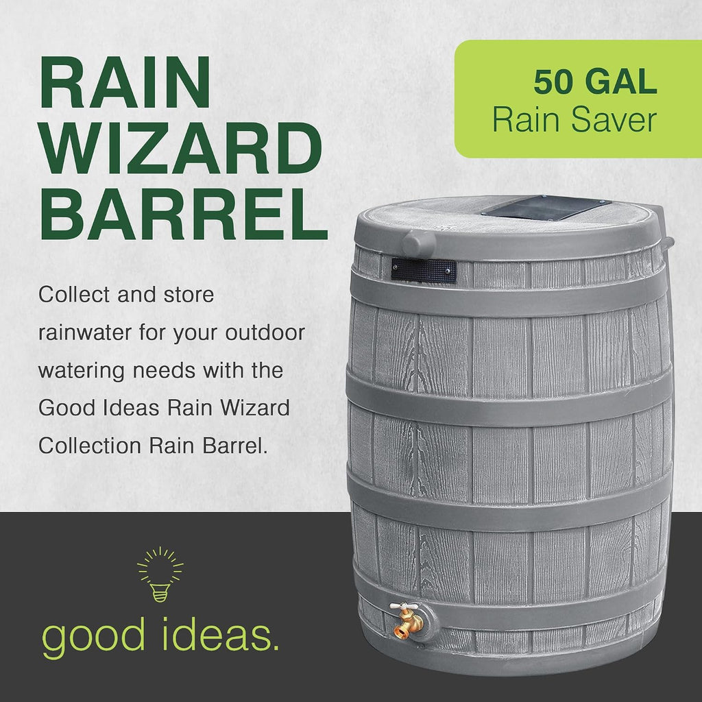Rain Wizard Water Collection Barrel, 50 Gallon, Gray | Faux Wood Design - Plastic Outdoor Home Rain Barrel, Rainwater