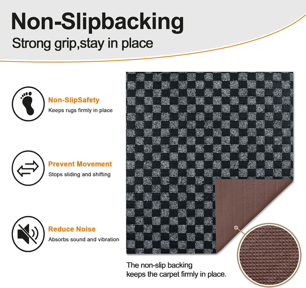 2x8 FT Non-Slip Kitchen Rugs with Rubber Backing, Black Check