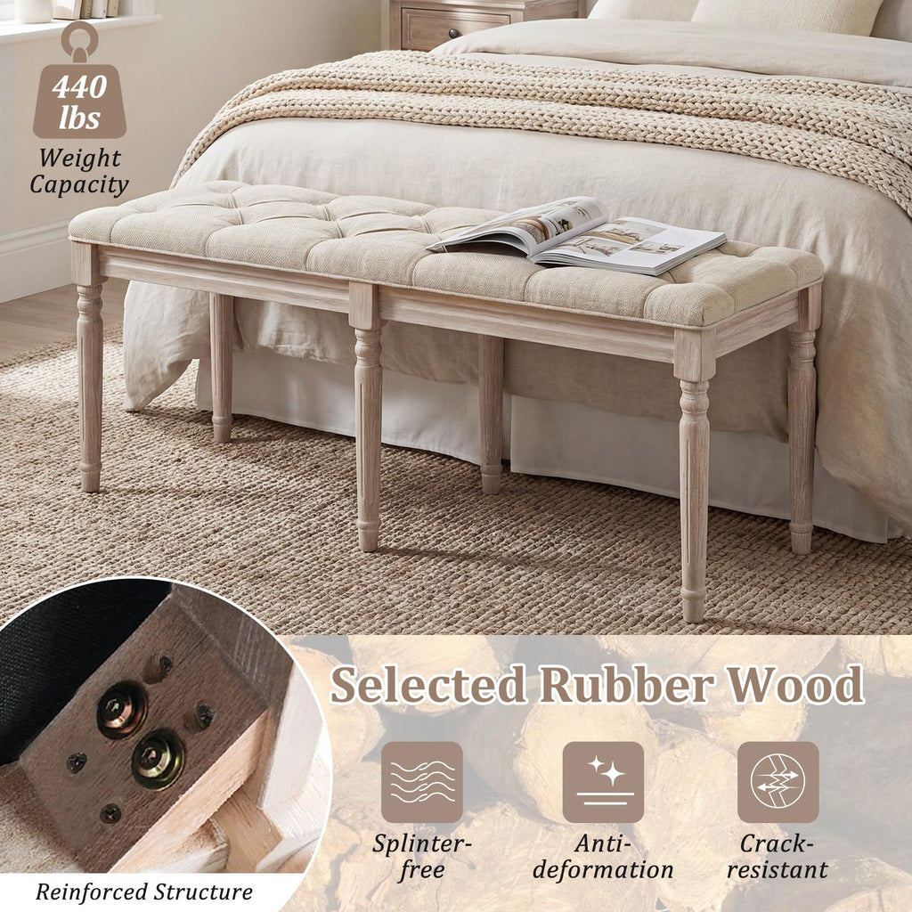 47.5-inches Upholstered Dining Bench, 2-Pack Button-Tufted Table Bench with Carved Rubber Wood Legs, Padded Seat