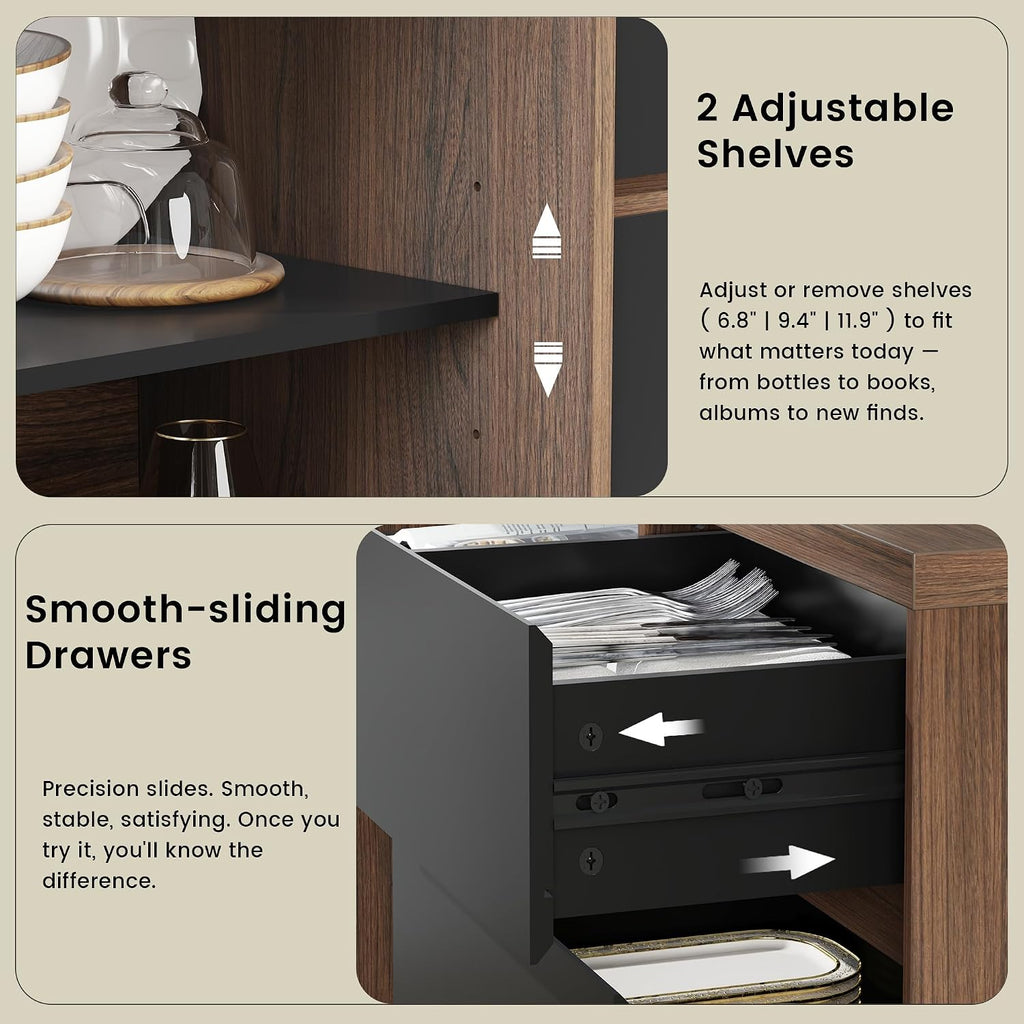 60" Lateral File Cabinet with 3 Dawers, Open Shelves | File Cabinets for A4 / Letter Documents, Wide Credenza w/