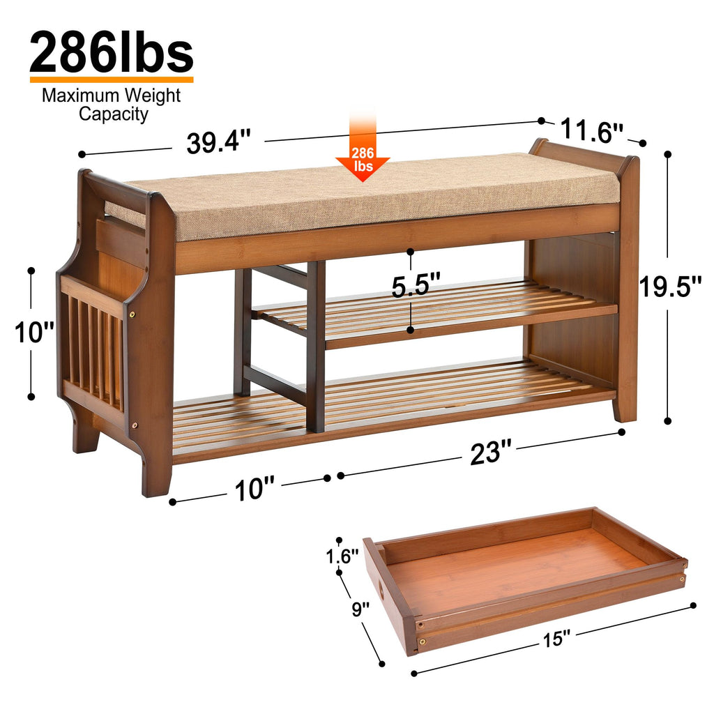 Shoe Bench with Hidden Drawer and Side Holder, 2 Tier Entryway Bench with Storage 39.4 in, Bamboo Shoe Rack with
