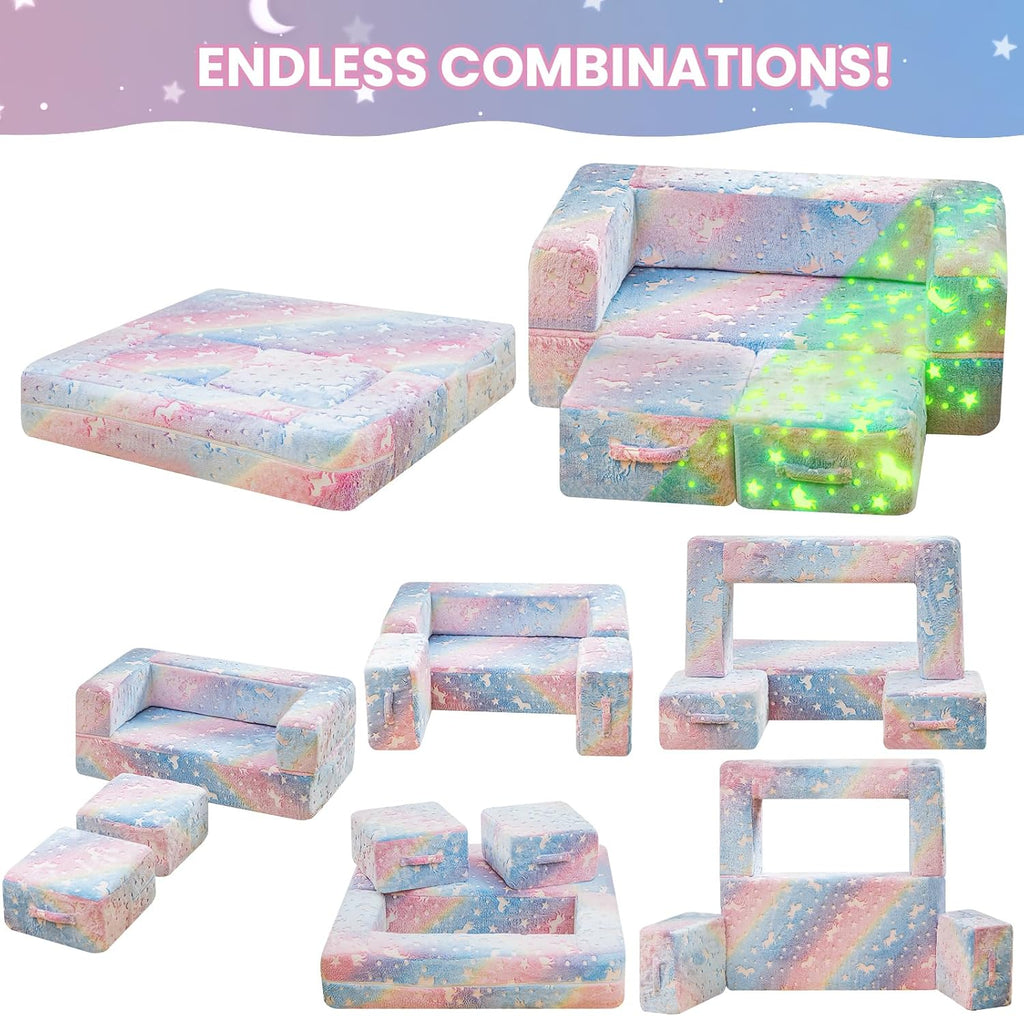 Modular Kids Play Couch, Glow in The Dark Kids Play Couch Toddler Couch,Kids Couch for palyroom, Convertible Baby