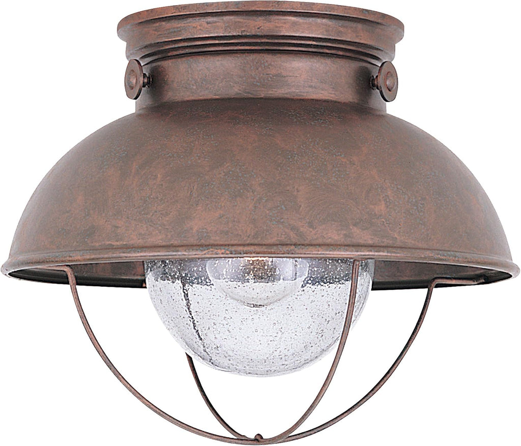 Sebring One Light Outdoor Flush Mount Ceiling Light with Clear Seeded Glass Diffuser, Weathered Copper Finish