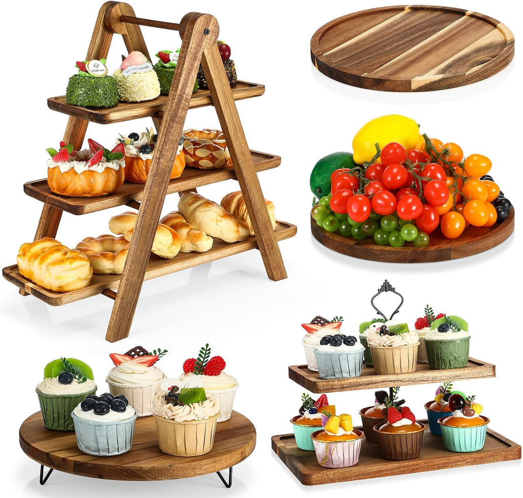 5 Pcs Wooden Dessert Table Display Set, Farmhouse 2 Tier Cupcake Stand 3 Tier Wood Cake Tower Round Serving Tray Food
