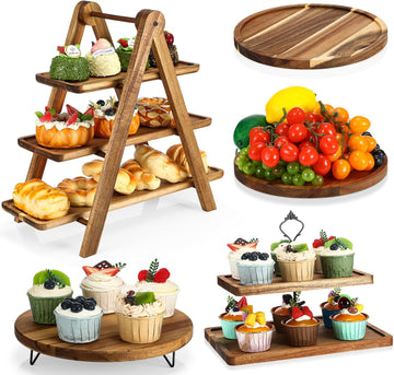 5 Pcs Wooden Dessert Table Display Set, Farmhouse 2 Tier Cupcake Stand 3 Tier Wood Cake Tower Round Serving Tray Food