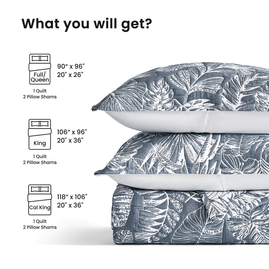Tropical Leaf Cotton Blend Quilt Set Matelasse 3 Pcs