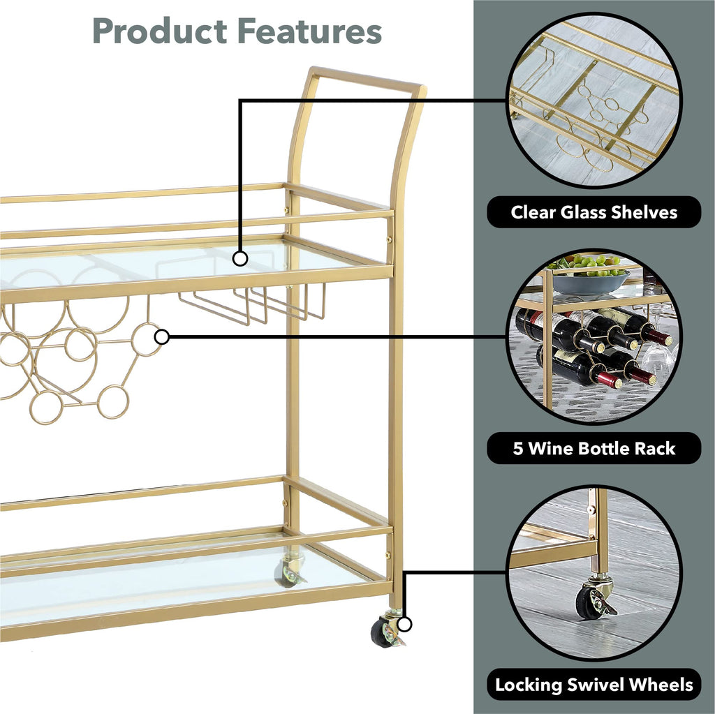 & Co. Gold Francesca Bar Cart, 2 Tier Mobile Mini Bar, Kitchen Serving Cart and Coffee Station with Storage for Wine