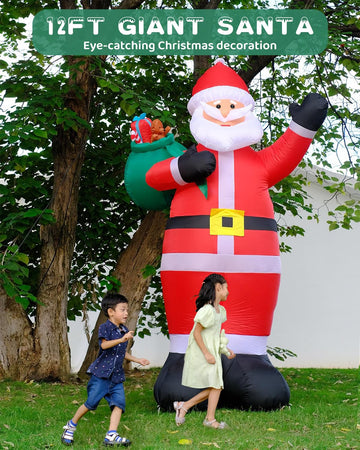 12FT Giant Christmas Inflatables Outdoor Decorations - LED Lighted Blow Up Santa Claus with Gift for Yard, Garden &