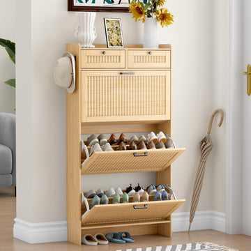 Fluted Shoe Cabinet, 3 Flip & 2 Top Drawers, Oak