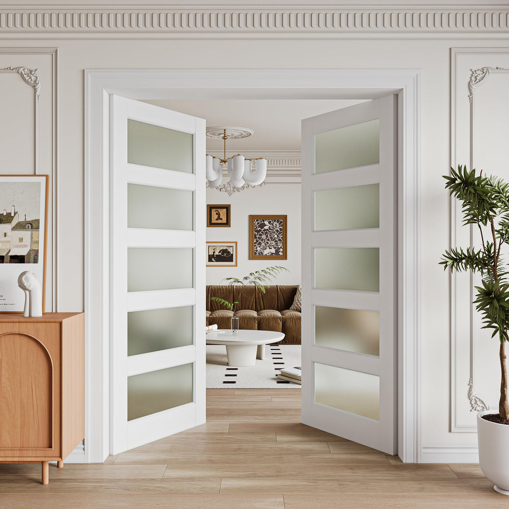 64"x 80"Frosted Glass French Doors, 5-Lite Interior Pantry Door Slab