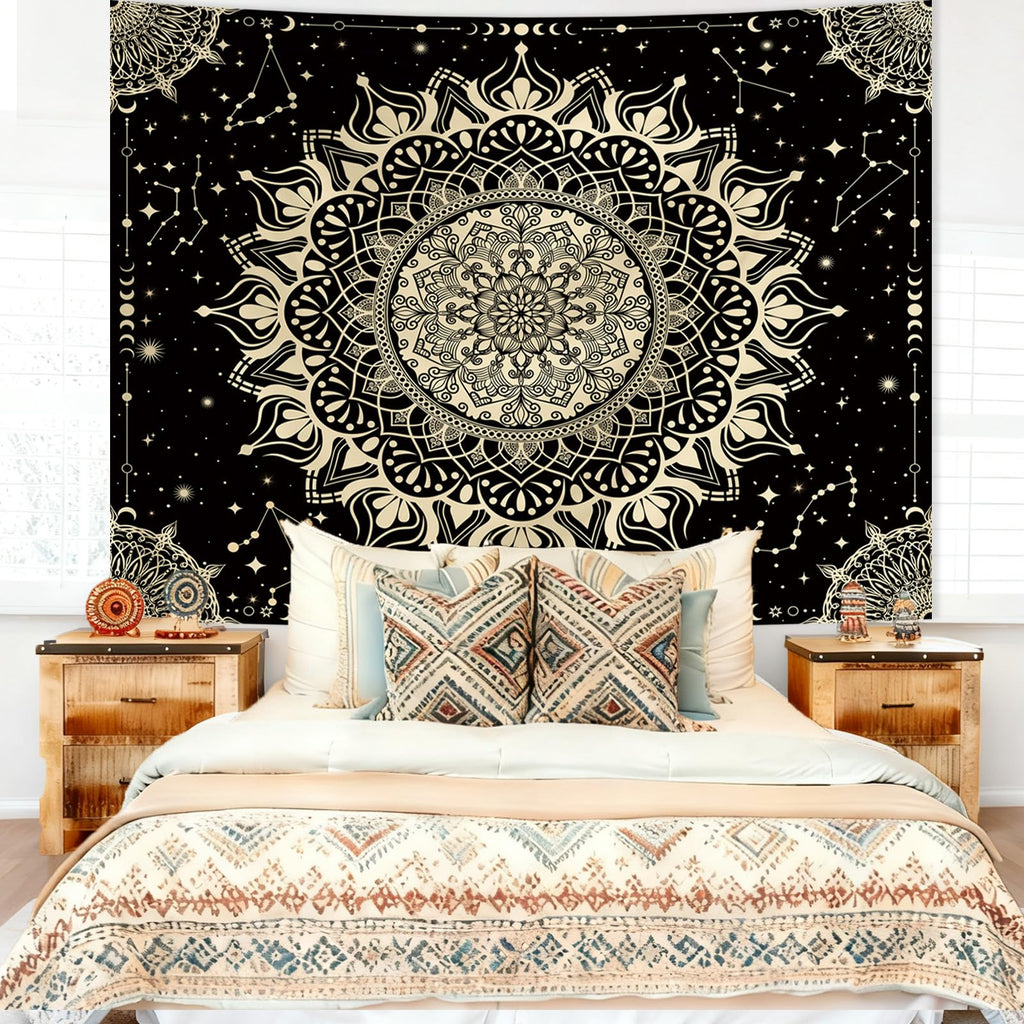 Boho Mandala Tapestry, Black Hippie Ceiling Tapestries