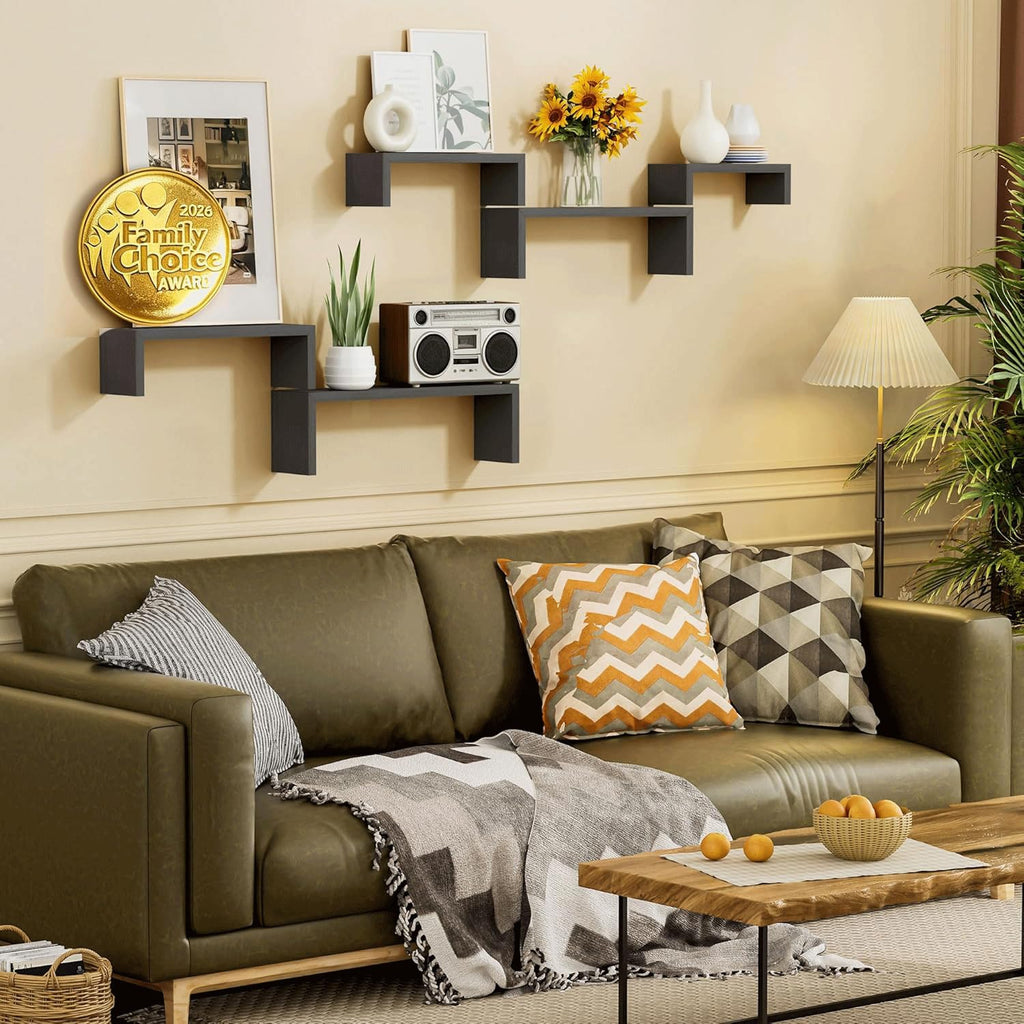 Black Floating Shelves, Set of 5 Solid Wood Wall Mounted Shelves